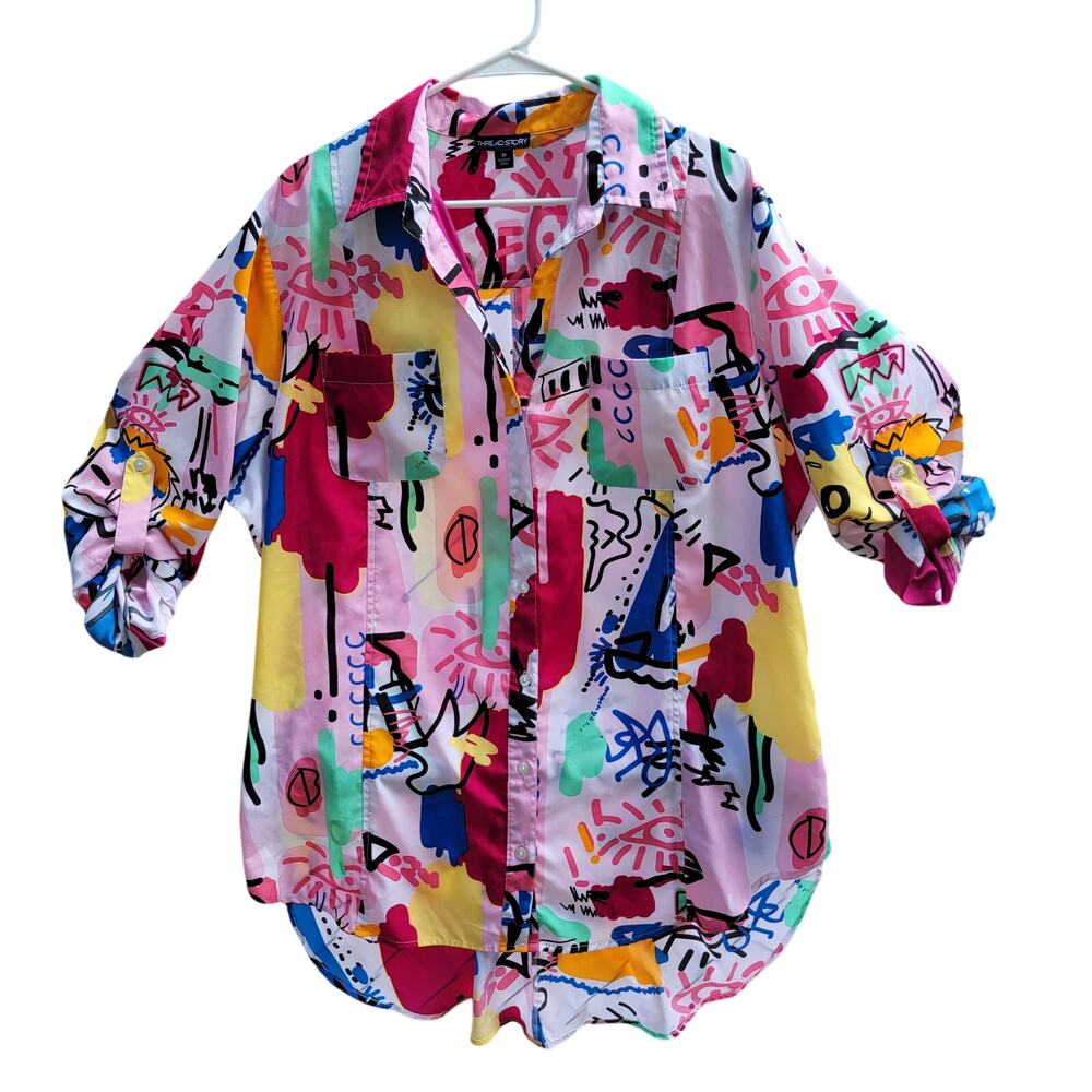 Thread Story Retro 80's Print Full Button Up Blouse - Size 3X
